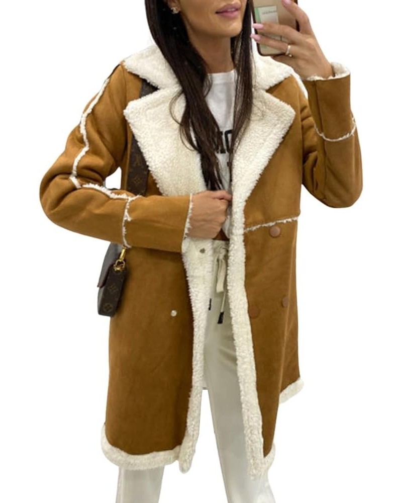 Women's Winter Sherpa Fleece Spliced Notch Lapel Double Breasted Faux Suede Leather Jacket Trench Coat Camel Brown $24.15 Coats