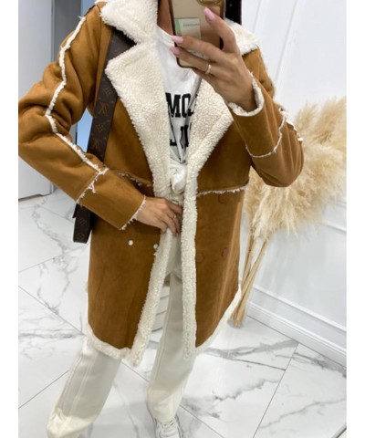 Women's Winter Sherpa Fleece Spliced Notch Lapel Double Breasted Faux Suede Leather Jacket Trench Coat Camel Brown $24.15 Coats