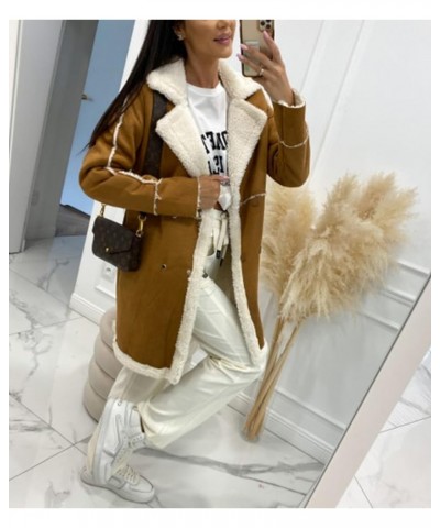 Women's Winter Sherpa Fleece Spliced Notch Lapel Double Breasted Faux Suede Leather Jacket Trench Coat Camel Brown $24.15 Coats