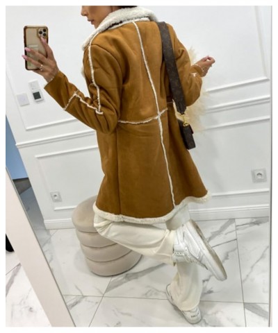 Women's Winter Sherpa Fleece Spliced Notch Lapel Double Breasted Faux Suede Leather Jacket Trench Coat Camel Brown $24.15 Coats