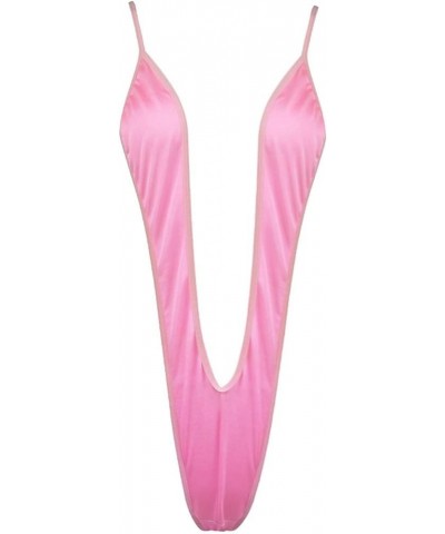 Women's One-Piece Solid Sling Shot Monokini Bikini Halter Thong Bodysuit Swimwear Pink $8.63 Swimsuits