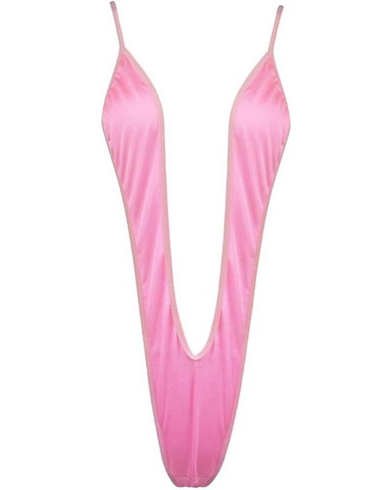 Women's One-Piece Solid Sling Shot Monokini Bikini Halter Thong Bodysuit Swimwear Pink $8.63 Swimsuits