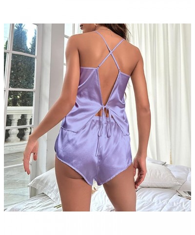 Silk Pajamas for Women Set 2 Piece Sexy Lingerie Womens Pajama Sets Cami Shorts Set Lace Sleepwear Nightwear D-purple $8.25 S...