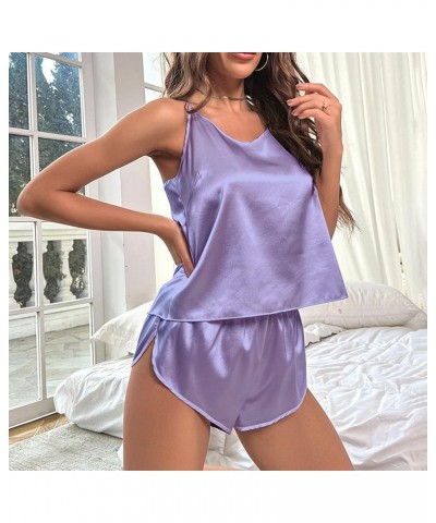 Silk Pajamas for Women Set 2 Piece Sexy Lingerie Womens Pajama Sets Cami Shorts Set Lace Sleepwear Nightwear D-purple $8.25 S...