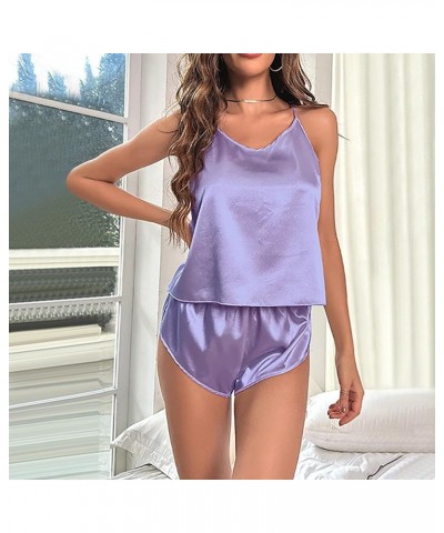 Silk Pajamas for Women Set 2 Piece Sexy Lingerie Womens Pajama Sets Cami Shorts Set Lace Sleepwear Nightwear D-purple $8.25 S...