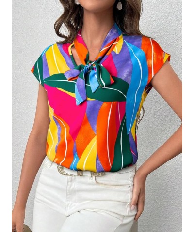 Womens Summer Dressy Casual Work Silk Blouses Tops Bow Tie V Neck Short Sleeve Graphic Print Chiffon T Shirts Sky Blue $12.71...