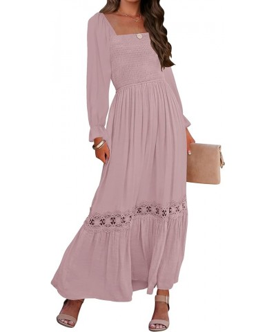 Women's 2024 Boho Long Sleeve Square Neck Smocked High Waist Flowy A Line Lace Trim Maxi Dress Darkpink $21.07 Dresses