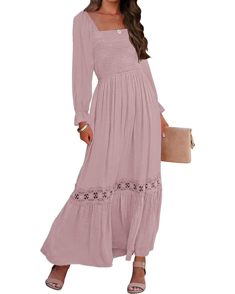 Women's 2024 Boho Long Sleeve Square Neck Smocked High Waist Flowy A Line Lace Trim Maxi Dress Darkpink $21.07 Dresses