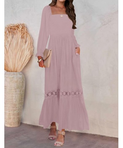 Women's 2024 Boho Long Sleeve Square Neck Smocked High Waist Flowy A Line Lace Trim Maxi Dress Darkpink $21.07 Dresses