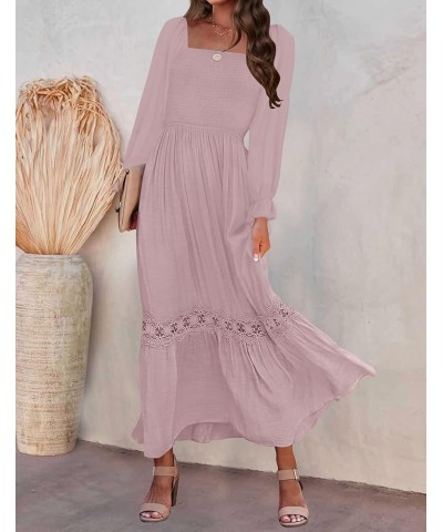 Women's 2024 Boho Long Sleeve Square Neck Smocked High Waist Flowy A Line Lace Trim Maxi Dress Darkpink $21.07 Dresses