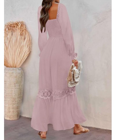 Women's 2024 Boho Long Sleeve Square Neck Smocked High Waist Flowy A Line Lace Trim Maxi Dress Darkpink $21.07 Dresses