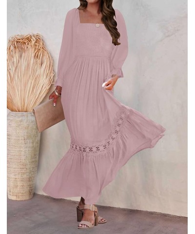 Women's 2024 Boho Long Sleeve Square Neck Smocked High Waist Flowy A Line Lace Trim Maxi Dress Darkpink $21.07 Dresses