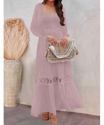 Women's 2024 Boho Long Sleeve Square Neck Smocked High Waist Flowy A Line Lace Trim Maxi Dress Darkpink $21.07 Dresses