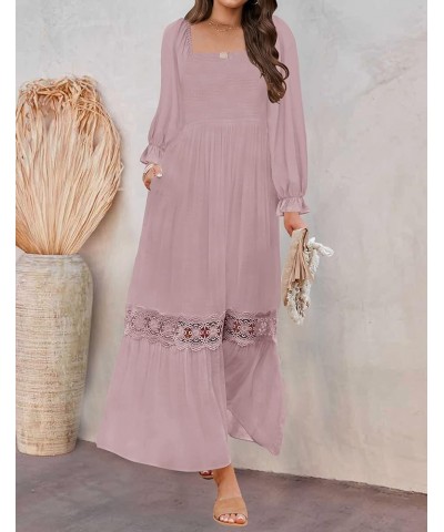 Women's 2024 Boho Long Sleeve Square Neck Smocked High Waist Flowy A Line Lace Trim Maxi Dress Darkpink $21.07 Dresses