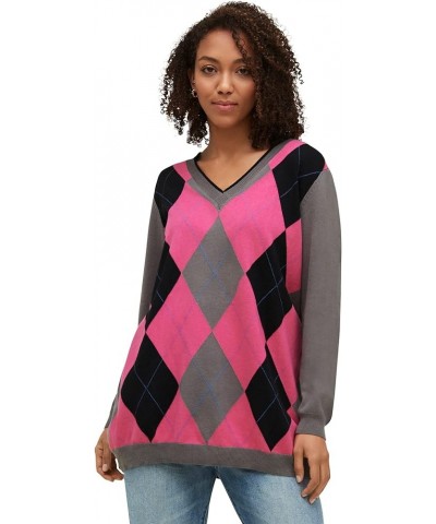 Women's Plus Size V-Neck Argyle Sweater Pullover - S, Black Gunmetal X-Large Plus Slate Hot Pink $24.61 Sweaters