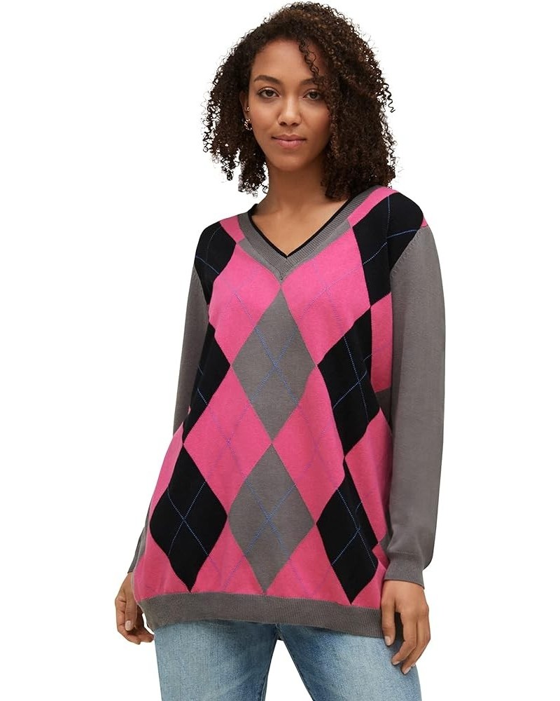 Women's Plus Size V-Neck Argyle Sweater Pullover - S, Black Gunmetal X-Large Plus Slate Hot Pink $24.61 Sweaters