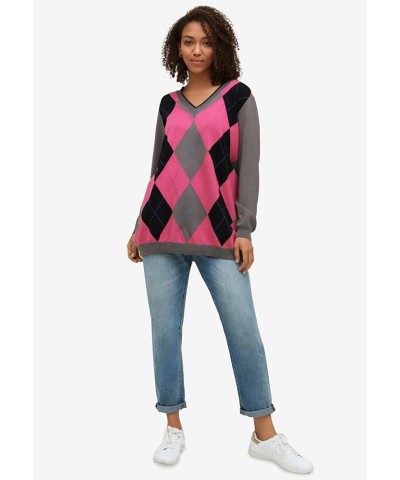 Women's Plus Size V-Neck Argyle Sweater Pullover - S, Black Gunmetal X-Large Plus Slate Hot Pink $24.61 Sweaters